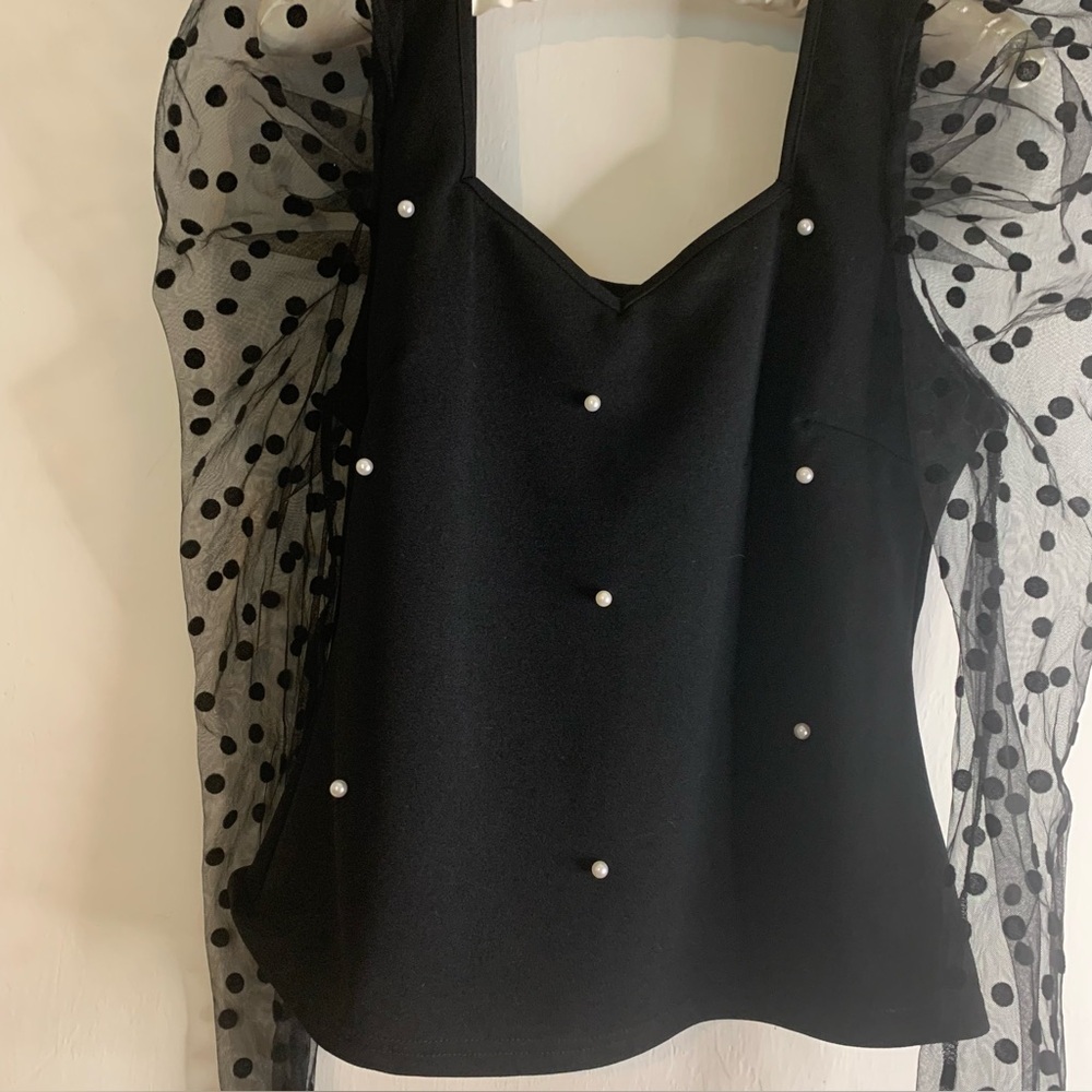 Shein Black Top Embellished Sweater Sheer Polka Dot Puff Long Sleeve Womens Sz L